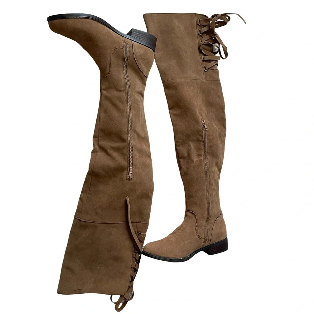 Shoedazzle Malya Taupe Tan Corset Lace Up Thigh High Boots Size 6.5